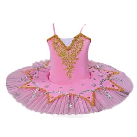 Pink Girls Ballet Dance Dress Swan Costume Dress Golden Sequin Ballet Tutu Gauze Skirt
