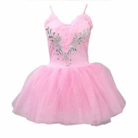 Women Swan Ballet Dance Dress Spaghetti Strap Tutu Short Dress Sleeveless Sequined Flower Costumes, Pink