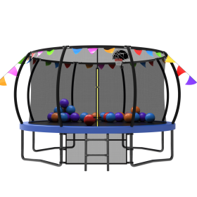 12FT Recreational Kids Trampoline with Safety Enclosure Net & Ladder, and flag parts, Outdoor Recreational Trampolines