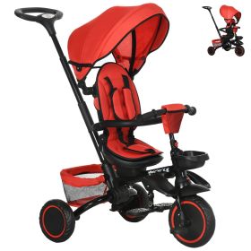 6-in-1 Toddler Tricycle for 12-50 Months, Foldable Kids Trike with Adjustable Seat and Push Handle, Safety Harness, Removable Canopy, Footrest, R