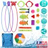 24Pcs Diving Toys Swimming Pool Toys Swim Toys for Kids Aged 3+ Years Old Swim Thru Rings Torpedoes Gems Volleyball Storage Bag