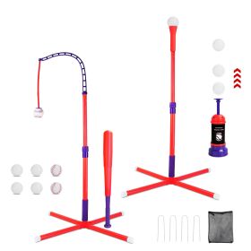 3-In-1 Baseball Toy Set For 3-5Years Old Kids And Toddlers Includes Tee Ball Stand Hanging Tee Automatic Ball Launcher with Adjustable Height For Indo (Option: Red)