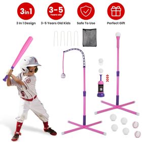 3-In-1 Baseball Toy Set For 3-5Years Old Kids And Toddlers Includes Tee Ball Stand Hanging Tee Automatic Ball Launcher with Adjustable Height For (Color: Pink)