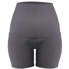 Women Maternity Shorts Seamless Pregnancy Underwear Shapewear Fitness Yoga Running Shorts High Waist Over The Belly Pants with Two Side Pockets (Option: GRY_S)